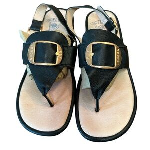 Fly London Gold Metal Black Leather Thong SANDALS WOMEN'S Sz 38